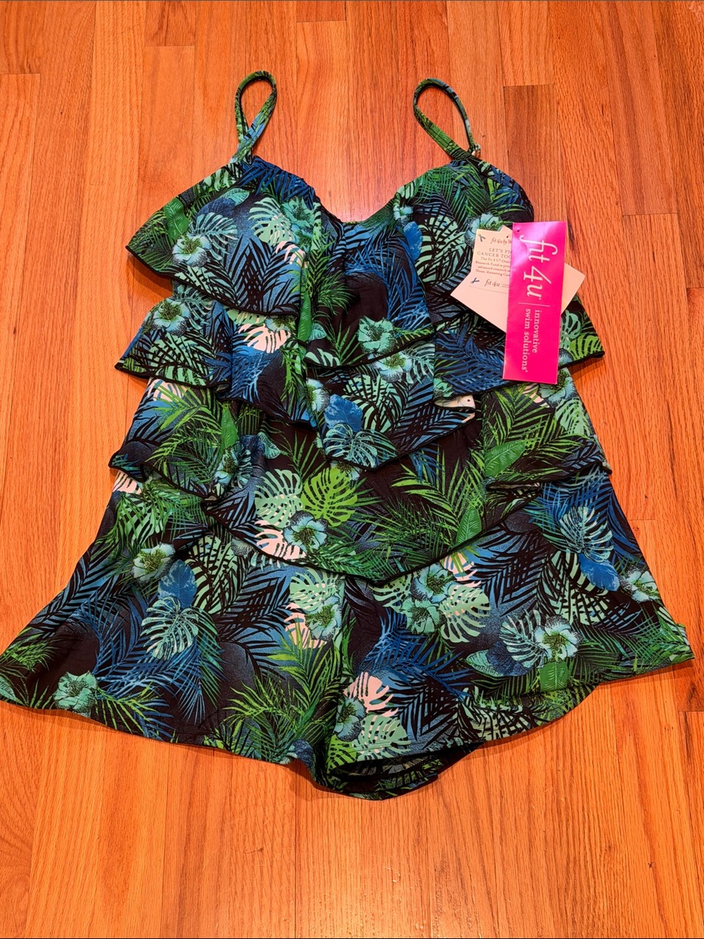 Fit 4 U Blue Green Tropical 1 Piece Ruffle Short Swimsuit Bathing Suit Women 14